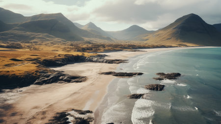 the island of skye, captured in this free stock photo, showcases a stunning landscape in a light beige and light amber color palette. this high-resolution image, enhanced with tilt-shift lenses, features a desertwave effect. the moody colors of light amber and gray create an en plein air beach scene that is both captivating and serene. ai generatedの素材
