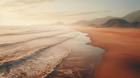 a small sea on a sandy beach stretches towards the horizon, showcasing a mesmerizing blend of light orange and light gold hues. this otherworldly landscape, captured in 8k resolution, is a testament to the artistic brilliance of nicolas delort and elba damast. nature's wonder comes alive in this stunning image, beautifully depicted by the talented kerem beyit. ai generatedの素材