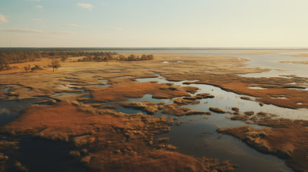 aerial shot of marshy land near rivers in nasuane province, captured in the style of dark beige and light amber tones. the serene atmospheric perspective of this kodak ektar 100 photograph showcases the coastal scenery. this tabletop photography image, shot in 32k uhd, beautifully captures the essence of landscape photography. ai generatedの素材