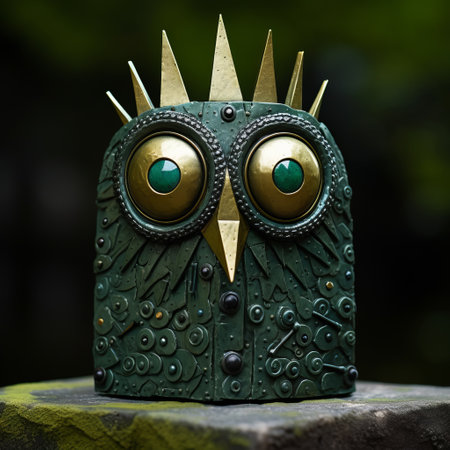 a close-up shot of a green bird figurine jewelry box with painted eyes on its head. this unique piece is crafted in the style of evgeni gordiets, clemens ascher, didier lourenco, concrete, inventive character designs, and spiky mounds. ai generatedの素材