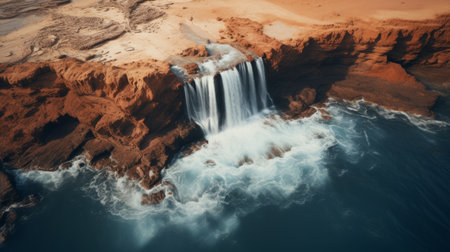 aerial landscape drone photo showcasing stunning cliffs and a majestic waterfall in the desert. inspired by the artistic styles of beeple and the danish golden age, this image captures soft edges and atmospheric effects. the art of tonga is reflected in the luminosity of the water, while tilt shift adds a unique perspective. the color palette features light cyan and red hues. ai generatedの素材