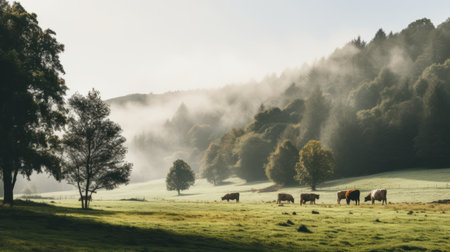 small cows grazing in the forest, capturing the essence of the dusseldorf school of photography with layered and atmospheric landscapes. these charming and idyllic rural scenes evoke a sense of environmental awareness. the misty mountainous vistas, adorned with light green and amber hues, create a serene and captivating visual experience. ai generatedの素材