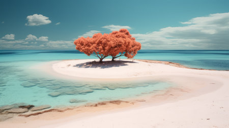 a sandy island featuring a striking red tree stands out in this dreamlike installation. the art of tonga is beautifully captured in this photorealistic portrait, with a color palette of light cyan and white. the image is presented in stunning 8k resolution, showcasing the monochromatic color schemes of dark orange and pink. ai generatedの素材