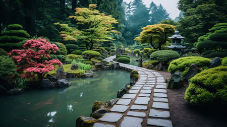a japanese-inspired garden with a path leading to the water is captured in this pixelated national geographic photo. the light gray and dark emerald color palette enhances the luminosity of the water, while culturally diverse elements add depth to the scene. the moody color schemes create a captivating ambiance. ai generatedの素材