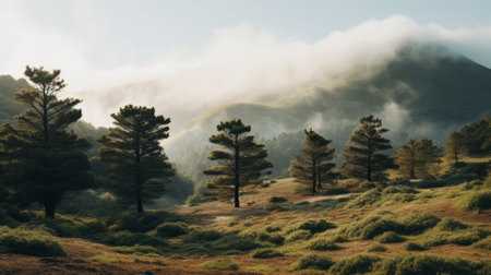 mountain range with ethereal trees and clouds in the san francisco renaissance style. captured with the sony fe 85mm f/1.4 gm lens, the minimalist background and calming color palette enhance the pastoral charm of the spiky mounds. ai generatedの素材