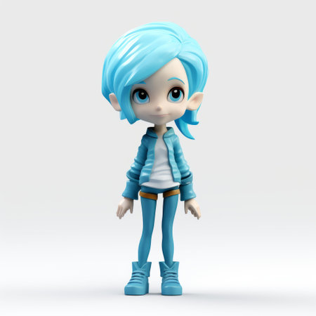 a 3d printed cute girl in blue and brown, featuring a cartoonish character design with dynamic anime elements. the high level of detail brings out the charm of this contemporary candy-coated creation, with a color palette ranging from light gray to light azure. the toy-like proportions add to its appeal, showcasing a delightful blend of dark azure and light azure hues. ai generatedの素材