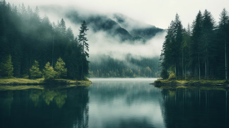 a serene lake, adorned with moss-covered trees, is beautifully mirrored in its calm waters. the photo captures a captivating scene with a misty atmosphere, featuring a combination of light teal and dark gray tones. the whistlerian style adds a soft and dreamy touch to the mountainous vistas, creating a narrative-driven visual storytelling experience. multiple filter effects enhance the overall aesthetic. ai generatedの素材