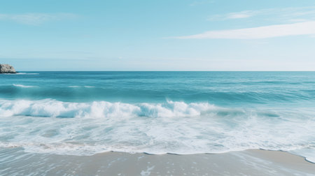 an ocean with waves crashing against a rocky shore at a beach. the photo showcases a calming and introspective aesthetic with its light teal and light sky-blue color palette. the turquoise and white hues create a minimalist and dreamlike imagery. the impressive panoramas and playful vignetting add to the overall allure of the scene. ai generatedの素材