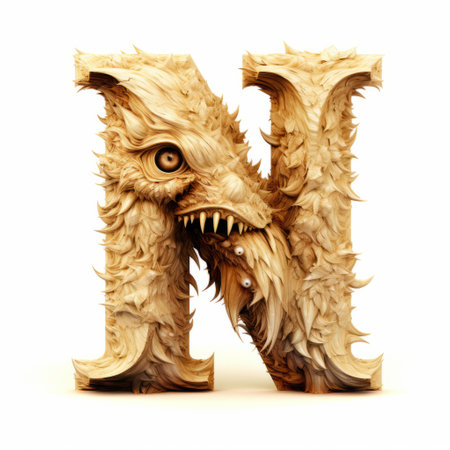 the wooden letter "n" features a tongue sticking out, showcasing intricate details in a fantasy art style. this unique piece combines elements of manticore, hyperrealistic animal portraits, and jagged edges. the realistic and naturalistic textures enhance the carved animal figures, while superimposed text adds an extra layer of visual interest. ai generatedの素材