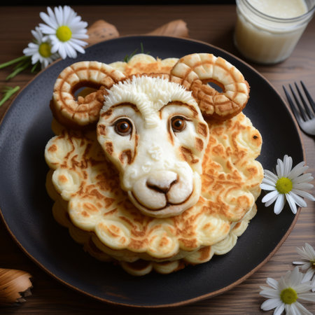 a plate on a black table displays a multilayered, cute and dreamy, tachisme-inspired, photorealistic pastiche of food. the centerpiece is a sculpted sheep head made of cheese, surrounded by symmetrical arrangements. ai generatedの素材
