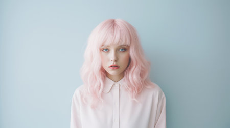 woman with pink hair and a hairstyle for a little boy poses in a portrait against a light blue background. the image is reminiscent of the artistic styles of hiroshi nagai, bella kotak, and miwa komatsu. the wavy hair and soft focus lens create a dreamy effect. the color palette includes light pink and dark black, giving the photo a japanese-inspired aesthetic. ai generatedの素材
