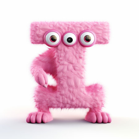 a 3d rendering of a playful pink and black monster letter t with a single eye. this monster, created in the style of daz3d and playful cartoons, has a full body and a unique, eye-catching design. rendered in maya, the image showcases a combination of konica big mini aesthetics, massurrealism, and a grainy texture. ai generatedの素材