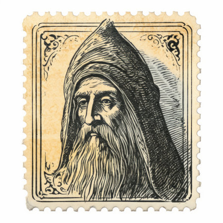 a stamp featuring the colorful depiction of the menhir of king selim and the menhir of king nikolas. the artwork showcases a realistic portrait style reminiscent of necronomicon illustrations and vintage imagery. the strong facial expressions and detailed composition give it the feel of a storybook illustration. created by an occultist draftsman, this fantasy-based stamp captures the essence of an intriguing and mystical world. aiの素材