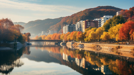 autumn cityscape of wolding river korea and hancheongnam featuring reflections and mirroring. this nature-inspired photo showcases light green and green hues, captured with a nikon f2 camera in 32k uhd resolution. the eye-catching composition, combined with the manapunk style, makes this professional photograph a standout on unsplash. ai generatedの素材