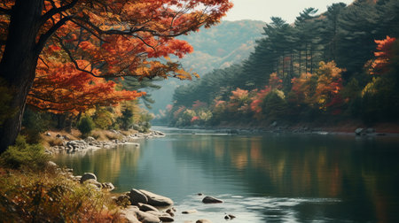 autumnal floral arrangements featuring the scenic beauty of wolding river korea and hancheongnam. this captivating photo showcases reflections and mirroring, with nature-inspired motifs in light green and green hues. shot with a nikon f2 camera in 32k uhd resolution, this eye-catching composition captures the essence of the season. a stunning example of professional photography, courtesy of manapunk on unsplash. ai generatedの素材