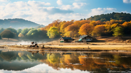 autumn farm scenery of wolding river korea and hancheongnam captured in a stunning photograph. this mesmerizing image showcases reflections and mirroring, with nature-inspired motifs in shades of light green and green. shot with a nikon f2 camera, the 32k uhd resolution highlights the eye-catching composition. a masterpiece of professional photography, this captivating photo is available on unsplash. ai generatedの素材