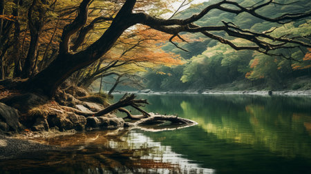 falling twigs of wolding river korea and hancheongnam captured in a mesmerizing composition. this professional photograph showcases nature-inspired motifs with reflections and mirroring. shot with a nikon f2, the vibrant shades of light green and green create an eye-catching visual. this 32k uhd image is a stunning example of manapunk photography. discover more captivating shots like this on unsplash. ai generatedの素材