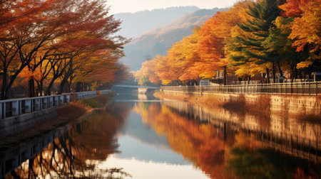 autumn cityscape of wolding river korea and hancheongnam featuring reflections and mirroring. the photo showcases nature-inspired motifs with light green and green hues. captured with a nikon f2, this eye-catching composition in 32k uhd is a stunning example of professional photography. discover the beauty of this manapunk-inspired cityscape on unsplash. ai generatedの素材