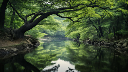 falling twigs of wolding river korea and hancheongnam captured in a mesmerizing composition. this professional photograph showcases nature-inspired motifs with reflections and mirroring. shot with a nikon f2, the vibrant shades of light green and green create an eye-catching visual. this 32k uhd image is a stunning example of manapunk photography. discover more captivating shots like this on unsplash. ai generatedの素材