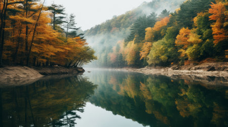 the photo showcases the mesmerizing fall weather of wolding river korea and hancheongnam. with its reflections and mirroring effect, the image captures the beauty of nature-inspired motifs in shades of light green and green. shot with a nikon f2 camera in 32k uhd resolution, this eye-catching composition is a testament to the professional photography skills of the manapunk artist. discover more stunning visuals like thisの素材