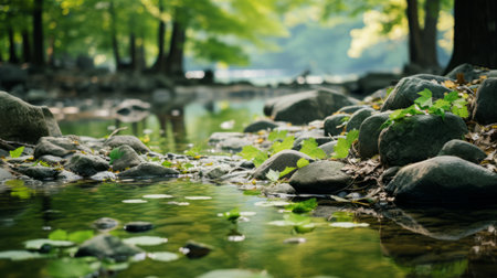 rustling leaves underfoot of wolding river korea and hancheongnam, captured in a mesmerizing photograph. this stunning image showcases reflections and mirroring, with nature-inspired motifs in light green and green hues. shot with a nikon f2 camera, the 32k uhd resolution enhances the eye-catching composition. a perfect example of professional photography, this captivating photo is available on unsplash, showcasing the beauty of manapunk. ai generatedの素材