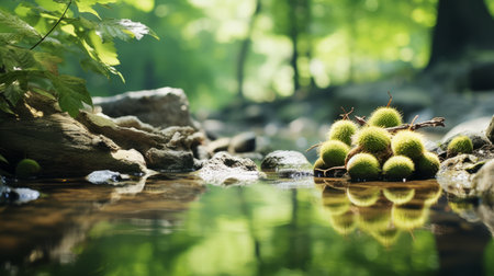 falling chestnuts of wolding river korea and hancheongnam captured in a mesmerizing photo. the image showcases reflections and mirroring, with nature-inspired motifs in light green and green hues. shot with a nikon f2 camera, this 32k uhd photograph features an eye-catching composition. it is a stunning example of professional photography, showcasing the beauty of nature. ai generatedの素材