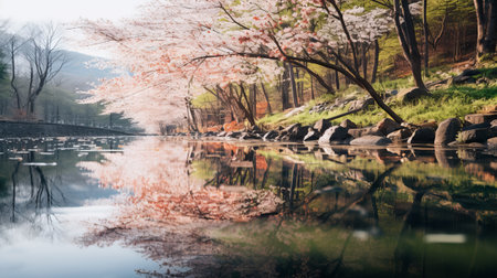 cherry trees in full blossom create a stunning reflection in the calm river, surrounded by a picturesque landscape. the vibrant watercolor-like scenery captures the essence of nature's beauty, with a waterfall cascading gently into the stream. this landscape-focused photograph, taken with the samyang af 14mm f2.8 rf lens, showcases a transcendent view that is truly breathtaking. ai generatedの素材