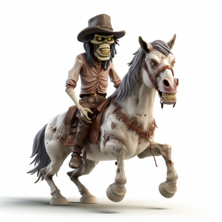 a black cowboy, dressed in white, confidently rides a horse while a white skeleton, wearing a cowboy hat, accompanies him. this action-packed cartoon-style photo, created in the style of zbrush, showcases the unique aesthetic of zombiecore. with high-quality details and a touch of whimsy, this associated press photo captures the attention of the wandering eye. ai generatedの素材
