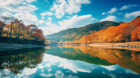 autumn sky over wolding river korea and hancheongnam, showcasing stunning reflections and mirroring. this nature-inspired photograph captures the beauty of light green and green hues. shot with a nikon f2, the 32k uhd image boasts an eye-catching composition. a masterpiece of professional photography, this captivating shot is courtesy of manapunk on unsplash. ai generatedの素材