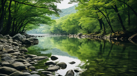 rustling leaves underfoot of wolding river korea and hancheongnam, captured in a stunning photograph. the image showcases reflections and mirroring, with nature-inspired motifs in light green and green hues. shot with a nikon f2 camera, this 32k uhd photo features an eye-catching composition. a perfect example of professional photography, this captivating image is available on unsplash. ai generatedの素材