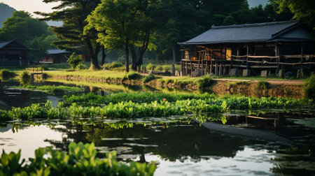 rustic barns in the countryside of wolding river korea and hancheongnam, captured in a stunning photograph. the image showcases reflections and mirroring, with nature-inspired motifs in light green and green hues. shot with a nikon f2 camera, this 32k uhd photo features an eye-catching composition and is a prime example of professional photography. a captivating image for manapunk enthusiasts, available on unsplash. ai generatedの素材