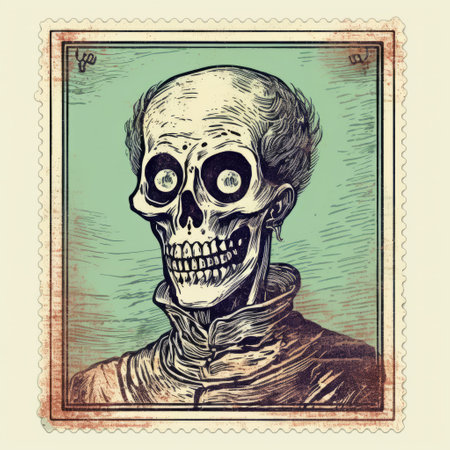 a vintage-style poster design featuring a colorful moebius skeleton stamp with a skull. the detailed character expressions and accurate illustrations capture psychological phenomena. the instant film effect adds a touch of nostalgia to the dark beige and light aquamarine tones. ai generatedの素材