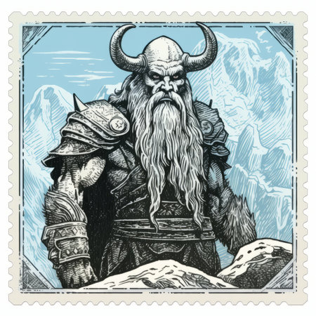 a viking figure, measuring 210x315mm, is depicted on a postage stamp. the illustration style resembles detailed science fiction artwork, featuring character caricatures and mountainous vistas. the image has a strong facial expression and is predominantly colored in dark white and light blue tones. the portrait showcases intricate details. ai generatedの素材
