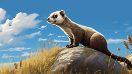 a ferret perched on a grassy mound, depicted in a digital painting style reminiscent of historical illustrations. the spiky mounds and realistic blue skies create a romanticized depiction of the wilderness. the smooth and polished illustration captures the ferret's charm and beauty. ai generatedの素材