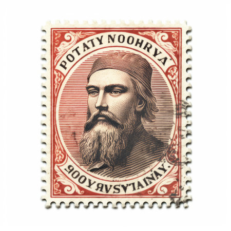 postage stamp featuring a male soldier with a mustache, showcasing the former russian st. petersburg in the style of maori art. captured with a rodenstock imagon 300mm f/5.8 lens and kodak portra film, this national geographic photo highlights the handcrafted beauty of the stamp. the image incorporates elements of hurufiyya, with a color palette dominated by red and brown tones. ai generatedの素材