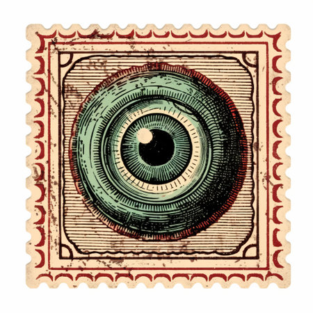 a vintage-style postage stamp featuring a white eye, reminiscent of nightmarish illustrations. the stamp has a toy camera effect, inspired by 19th-century american art. the color scheme includes dark teal and light red, adding to its eerie aesthetic. the design incorporates elements of scientific illustrations and graphic design. ai generatedの素材