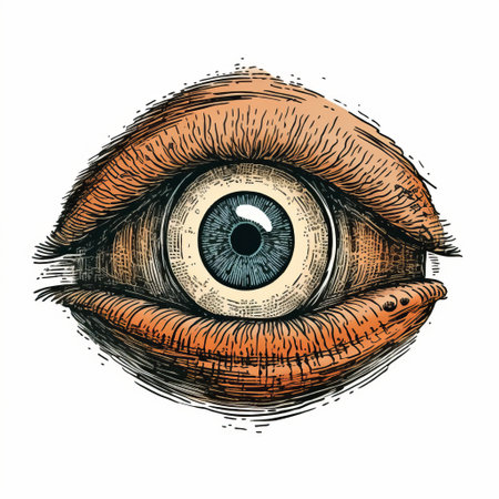 a hand-drawn eye with an inverted eyelid illustration, featuring intricate engraving-style details. the eye is depicted in red and brown colors, creating a surreal composition. the artwork showcases elements of light indigo and beige, reminiscent of vivid comic book illustrations. the portrait-like illustration carries hidden meanings, with its detailed ink work resembling woodcut techniques. ai generatedの素材