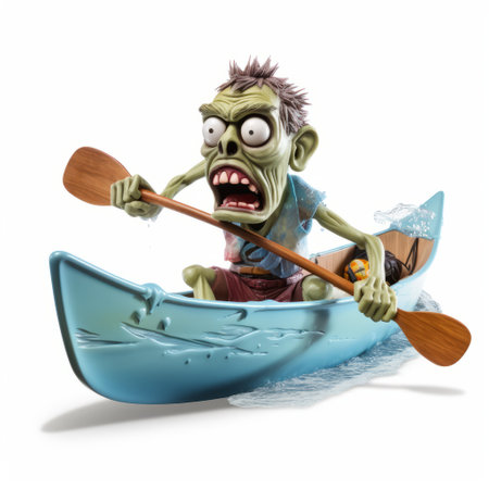 cartoon horror movie zombie canoeing illustration featuring hyper-realistic sculptures. created with xbox 360 graphics and captured using a canon eos 5d mark iv. this quirky expression of art, found on flickr, showcases inventive character designs reminiscent of a whimsical children's book illustrator. ai generatedの素材