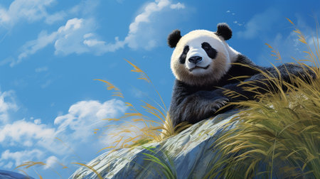 a panda bear sits on the ground, surrounded by a realistic blue sky and mountainous vistas. the detailed character illustration showcases rich, painterly surfaces and intricate facial features. this sumatraism-inspired artwork resembles a captivating storybook illustration. ai generatedの素材