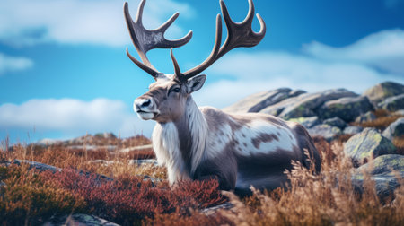 a photo of a hyperrealistic animal portrait in a norwegian nature setting. the image showcases a free deer hunter game with light maroon and azure tones. the shallow depth of field adds a glamorous kitsch effect to the monumental vistas. this concept art captures the beauty of the game's realistic animal portraits. ai generatedの素材
