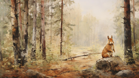 a white rabbit stands amidst a vibrant red birch forest, captured in the style of classical figurative realism. the panoramic scale of the artwork showcases the misty atmosphere, with hues of light brown and light amber. the painting features a combination of hard-edged details and soft watercolours, resulting in photo-realistic landscapes. ai generatedの素材