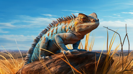 blue lizard sitting on a rock, depicted in a realistic rendering style with vibrant colors and hyper-realistic lighting. this unique character design showcases inventive creativity, while the desertwave theme adds a touch of intrigue. the image captures the beauty of animals in a visually stunning and lifelike manner. ai generatedの素材