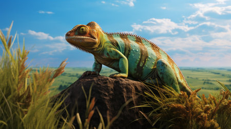 a large lizard, rendered in photorealistic style, stands on a rock in the grass. the vibrant colors of turquoise and green create a stunning gradient effect. this hyperrealistic environment, created using zbrush and rendered in maya, showcases the intricate details of the lizard's features, making it a captivating and realistic animal portrait. ai generatedの素材