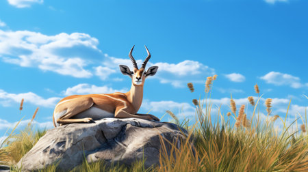 a deer stands on a rock in the center of a grassy field, captured in a photorealistic style. the artwork showcases a combination of light amber and sky-blue hues, making it a visually captivating wallpaper. this piece of art draws inspiration from the ivory coast, incorporating elements of comic cartoon and zbrush techniques, resulting in a lifelike depiction of the deer amidst the natural surroundings.の素材