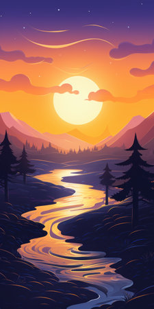 an illustration featuring a vibrant and cartoonish background with a river, trees, and mountainous vistas. the style is reminiscent of dan mumford's artwork, with a combination of dark magenta and light amber colors. the golden light adds a touch of warmth to the scene, while the flat shading enhances the overall aesthetic. the color palette includes shades of dark orange and sky-blue. ai generatedの素材