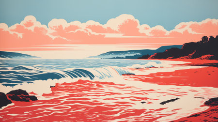 a poster featuring a bold lithographic style showcasing a red and blue seagull gracefully swimming along the coast. the sublime landscapes, inspired by pendleton ward, blend light pink and sky-blue hues. the naturalistic ocean waves perfectly complement the traditional british landscapes, creating a captivating scene reminiscent of the vibrant reefwave. ai generatedの素材