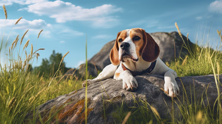 a dog perches atop a rock in a grassy field, captured in a photorealistic style by franoise basset. this close-up shot, reminiscent of joel robison's work, showcases the dog's rounded features and its evident sensitivity to the natural world. unreal engine 5 brings this portrait to life with stunning detail. ai generatedの素材