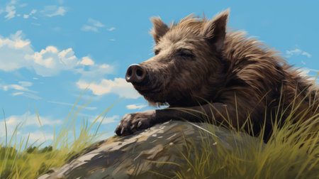 a wild boar stands proudly on a rock in this 8k resolution digital painting. inspired by the style of naoki urasawa, the charming character illustration captures the playful essence of isaac levitan's cartoon illustrations. the close-up view brings out the intricate details of the boar's features. ai generatedの素材