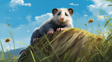 a stylized graphic drawing of an opossum perched on a rock, showcasing the charm of digital painting. this illustration captures the essence of storybook illustrations and children's book illustrations, with a touch of plein-air realism. the attention to realist detail brings the opossum to life, while the backdrop of an english countryside scene adds a touch of genre painting. ai generatedの素材