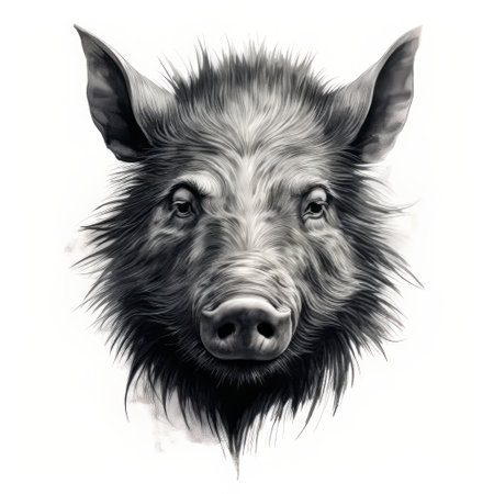 a stylized head of a wild boar, depicted in a hyperrealistic mural style, is showcased against a clean white background. this darkly romantic illustration draws inspiration from necronomicon illustrations and features a realist lifelike accuracy. the image captures the essence of fawncore aesthetics, with its dark gray and white color palette. shot with a minolta riva mini, this captivating artwork merges various artistic influences seamlessly.の素材